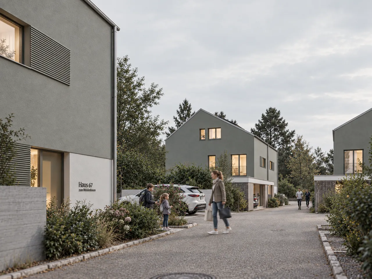 Visualisierung der Doppelhäuser Rettenbach: Giebelfassade mit Terrasse und Garten