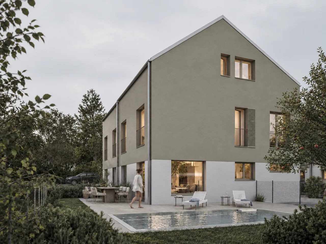 Visualisierung DH RET: Terrasse mit Pool im Abendlicht