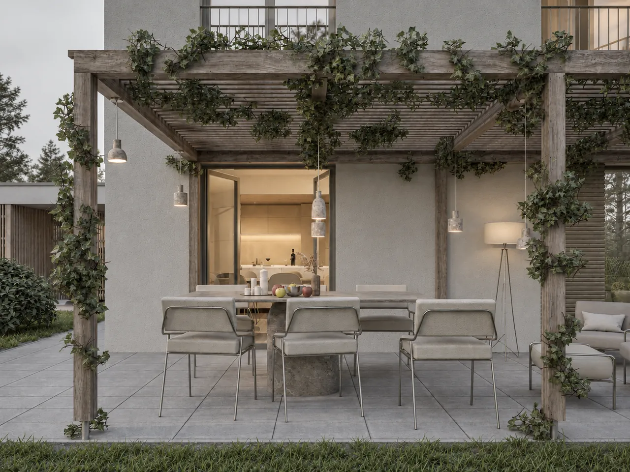 Visualisierung DH RET: überdachte Terrasse mit Pergola und Sitzbereich