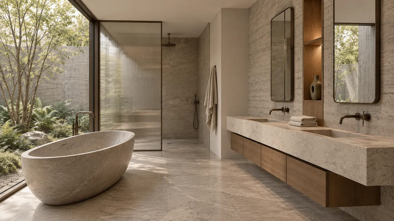Visualisierung Haus ADEM: Bad mit freistehender Wanne und Naturstein