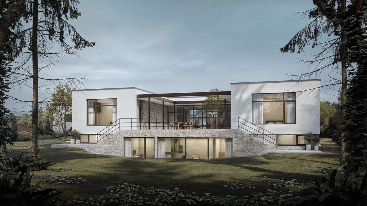 Visualisierung Haus B: Südansicht mit Pool und Holzlamellen