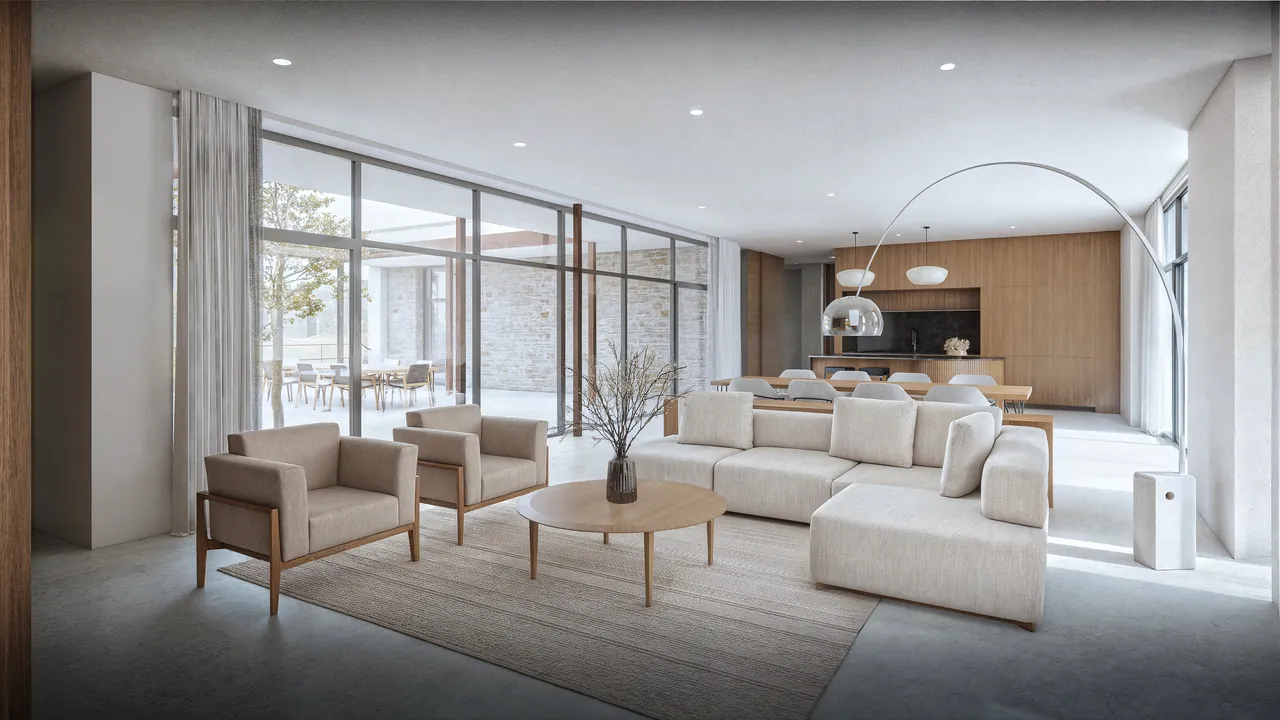 Visualisierung Haus B: Wohnraum mit Blick in den Garten