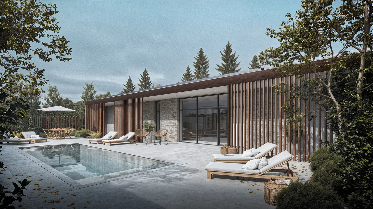 Visualisierung Haus B: Südansicht mit Pool und Holzlamellen
