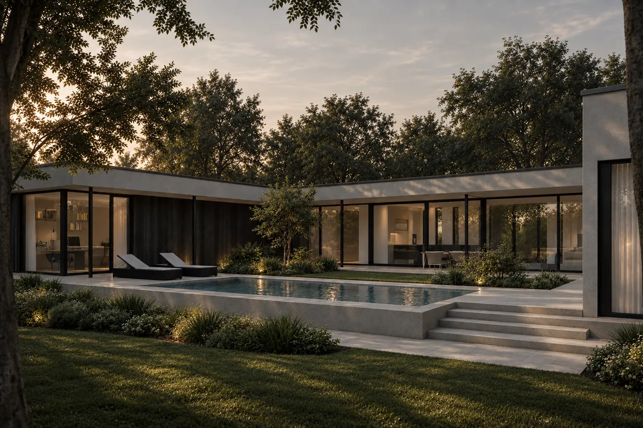Visualisierung Haus Fagus: Innenhof mit Pool bei Abendlicht