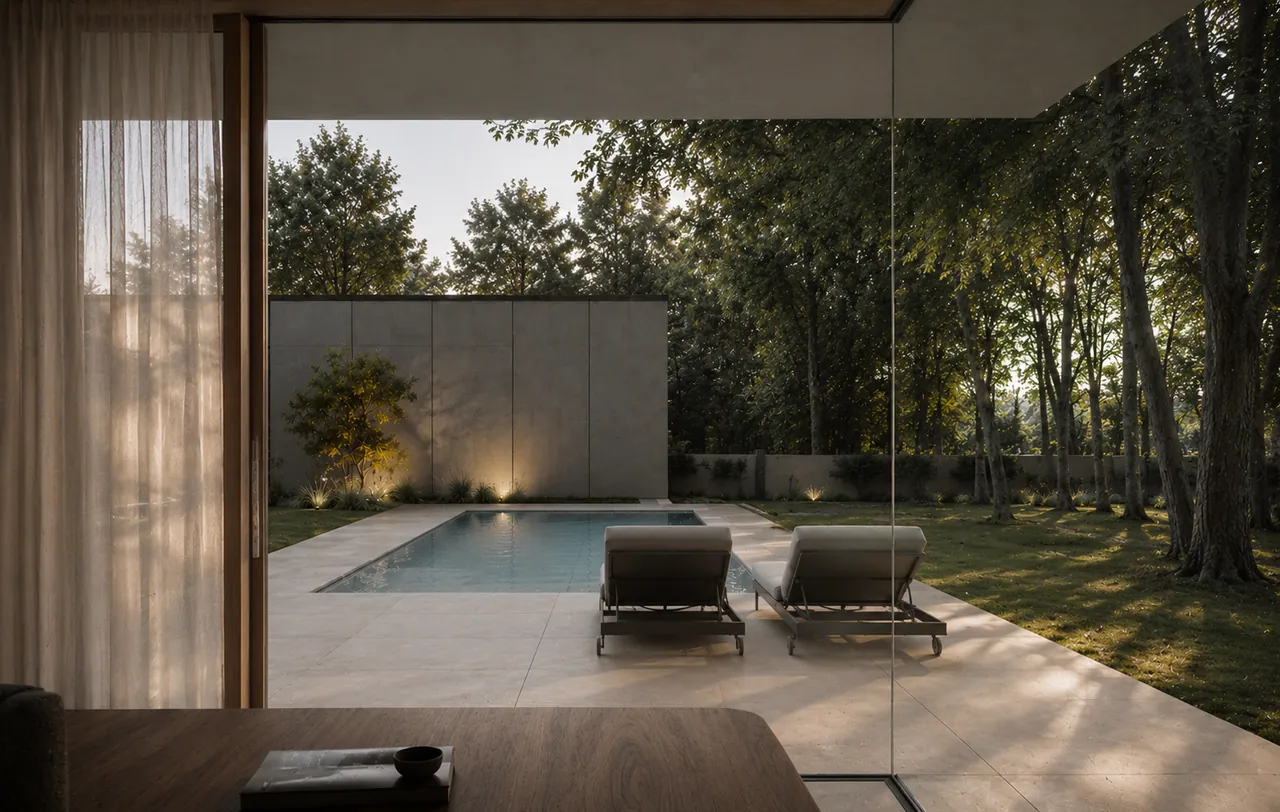 Visualisierung Haus Fagus: Blick auf Terrasse und Pool