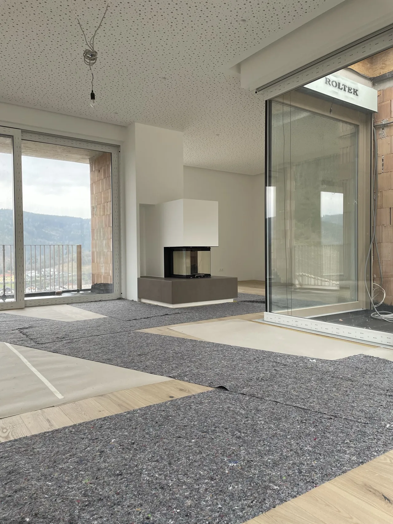 Haus H: Wohnraum mit Kamin und Blick zur Terrasse