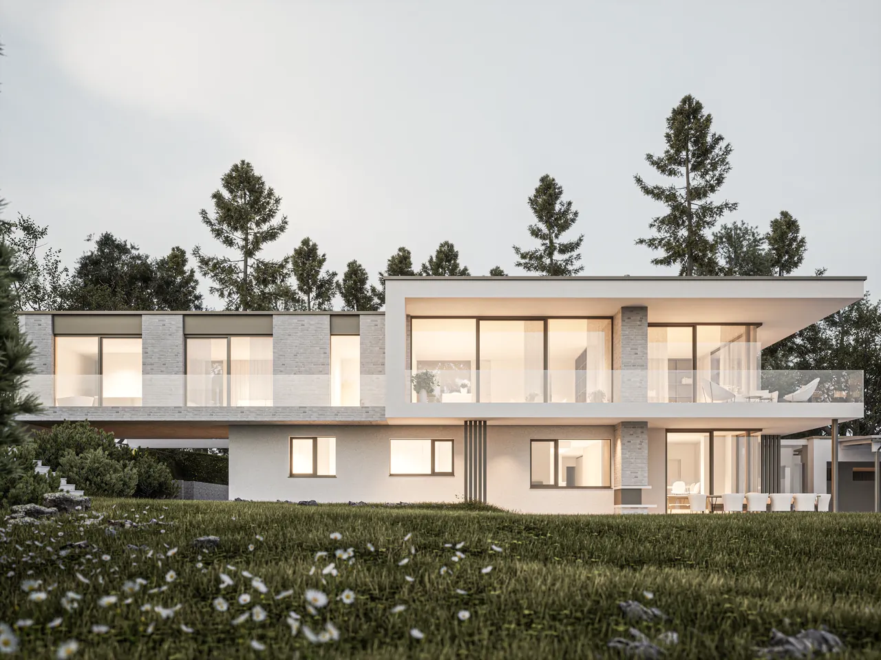Visualisierung Haus P: Gartenansicht bei Dämmerung