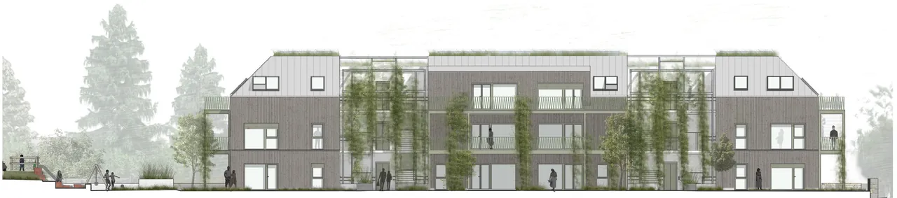 Ansicht des Wohnbaus mit begrünter Fassade